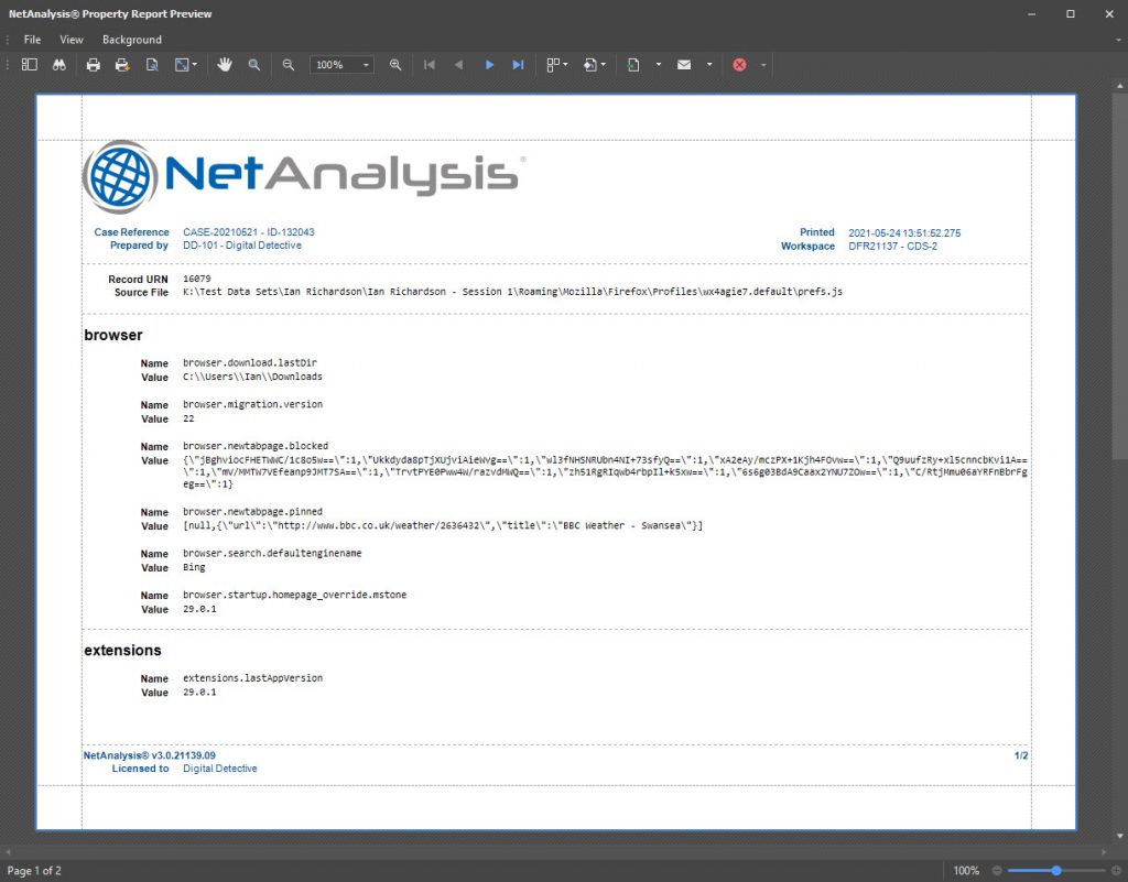 NetAnalysis Properties Report